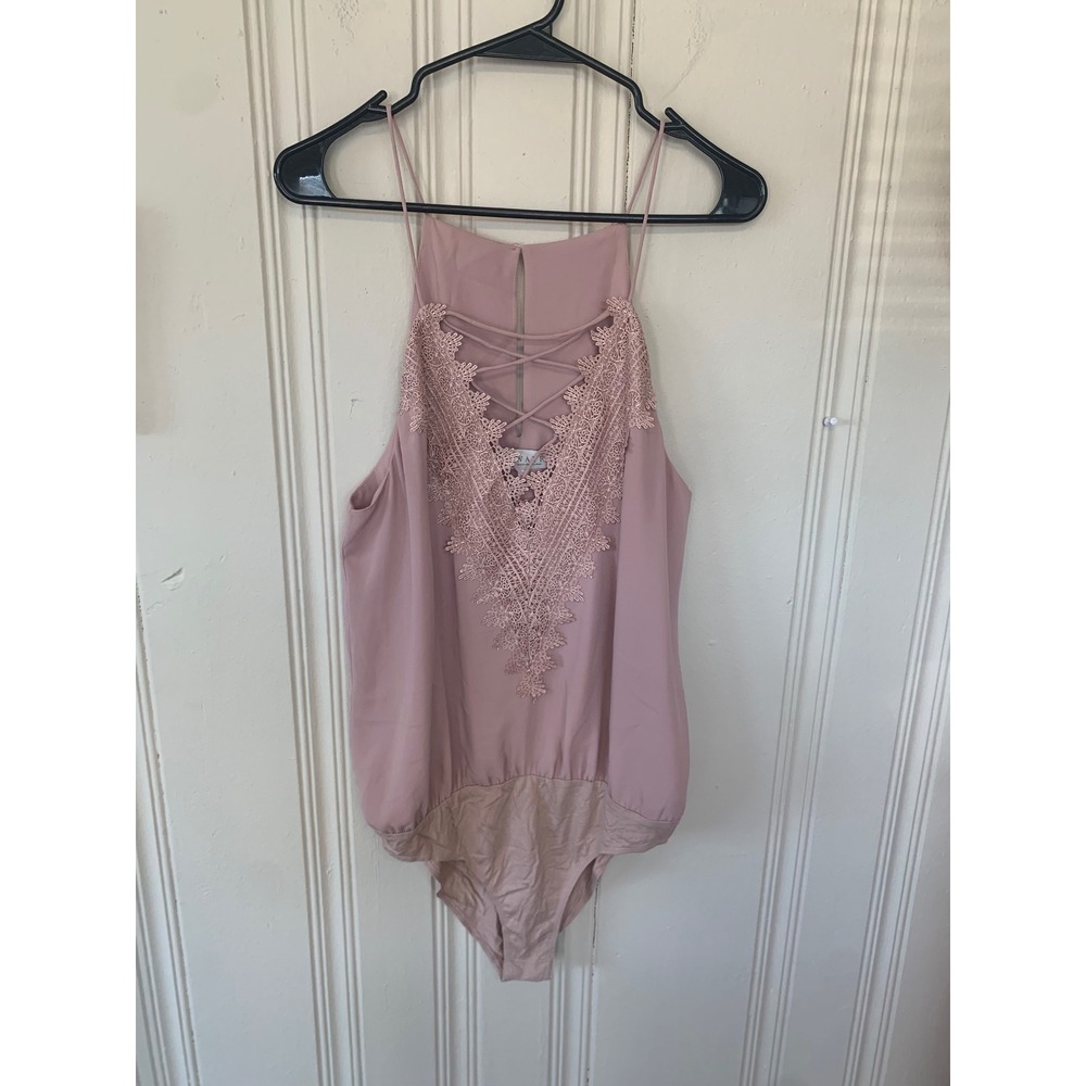 WAYF Dusty Rose‎ Lace Up Bodysuit High Neck Halter Lace Trim Pink Womens Large